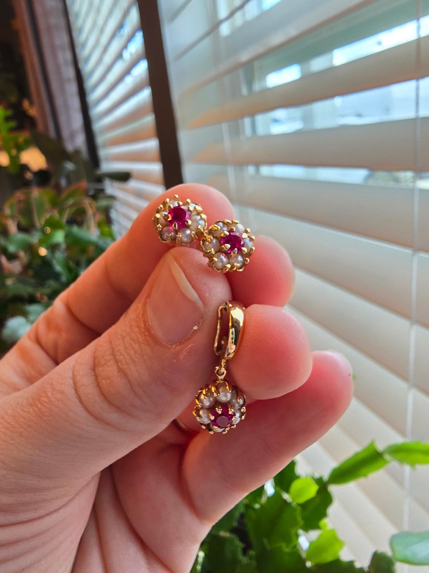 14K Gold Ruby and Pearl Enhancer Pendant and Earrings Set