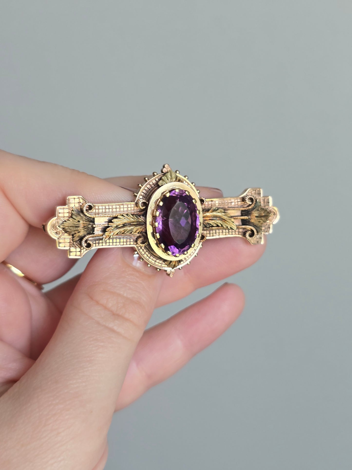 Victorian 10K Rose Gold 9.81 CT Amethyst Converter Brooch with Green Gold Accent