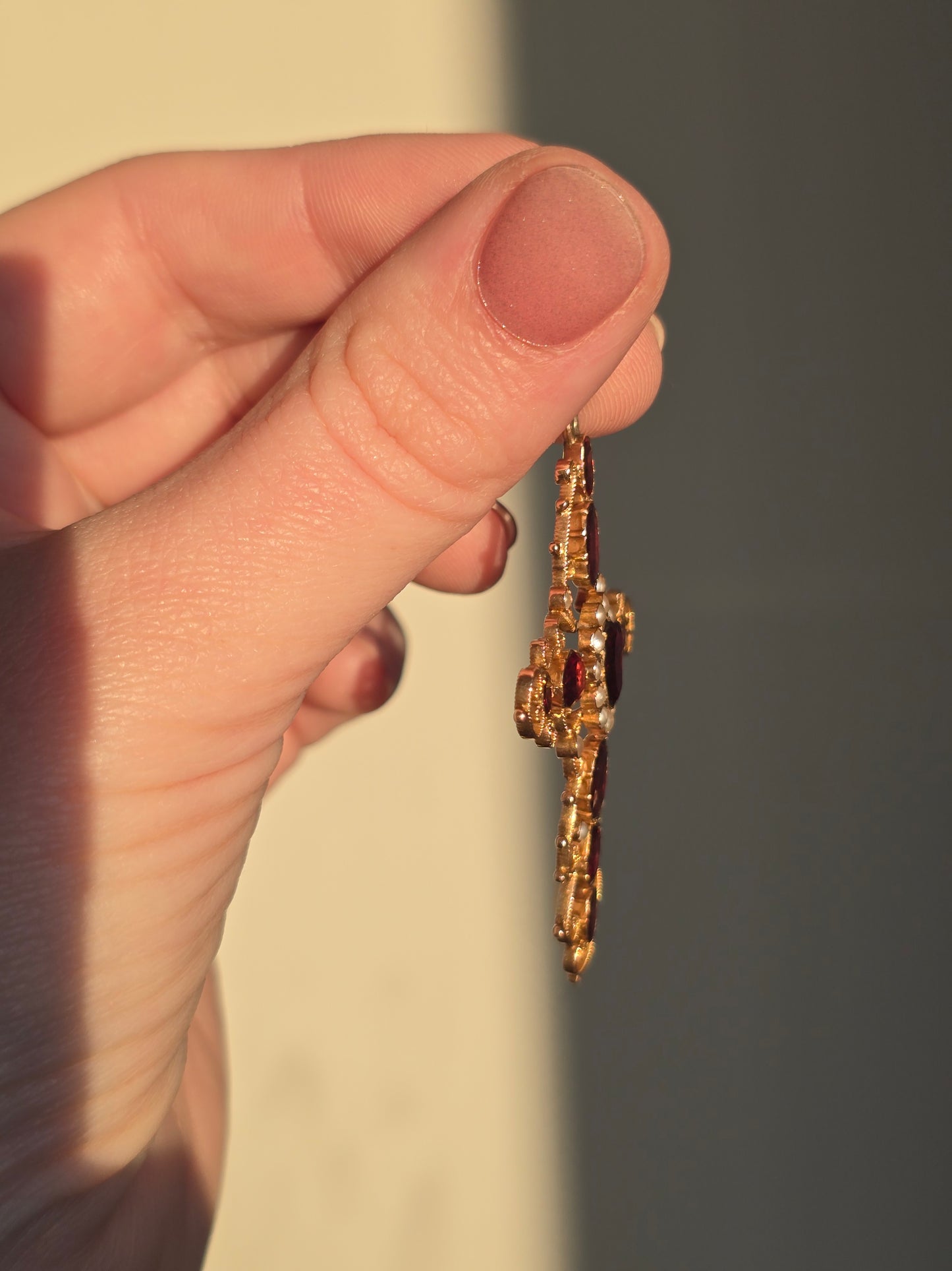10K Garnet and Seed Pearl Cross Pendant