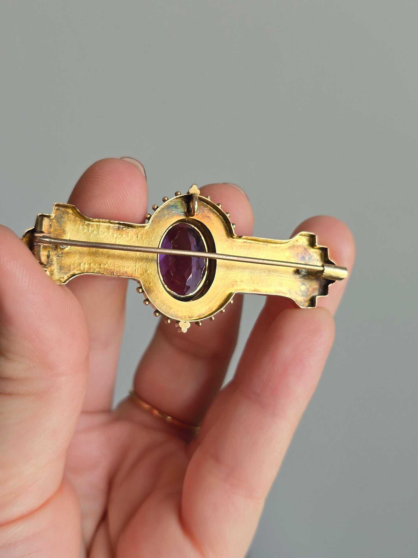 Victorian 10K Rose Gold 9.81 CT Amethyst Converter Brooch with Green Gold Accent