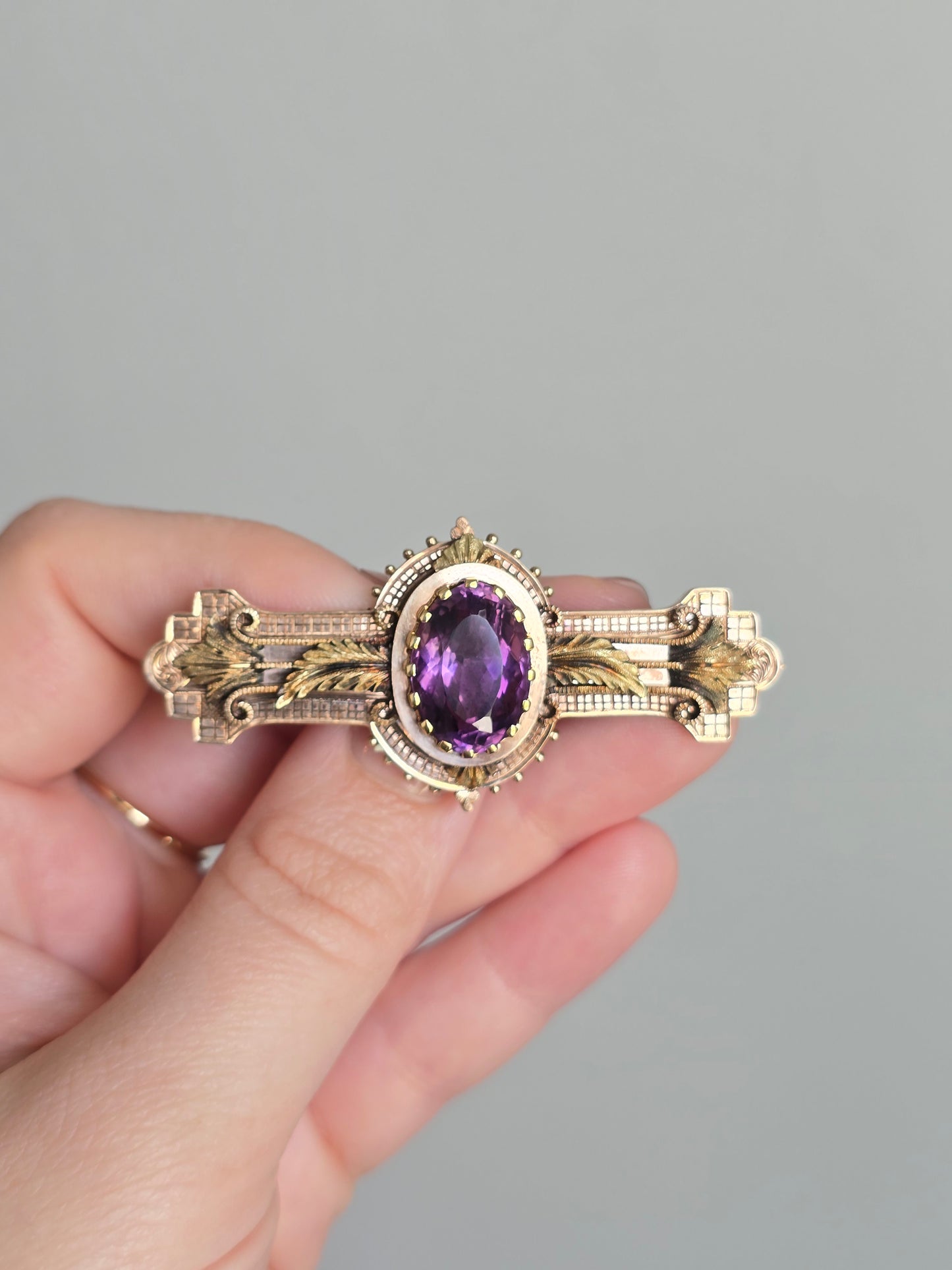 Victorian 10K Rose Gold 9.81 CT Amethyst Converter Brooch with Green Gold Accent