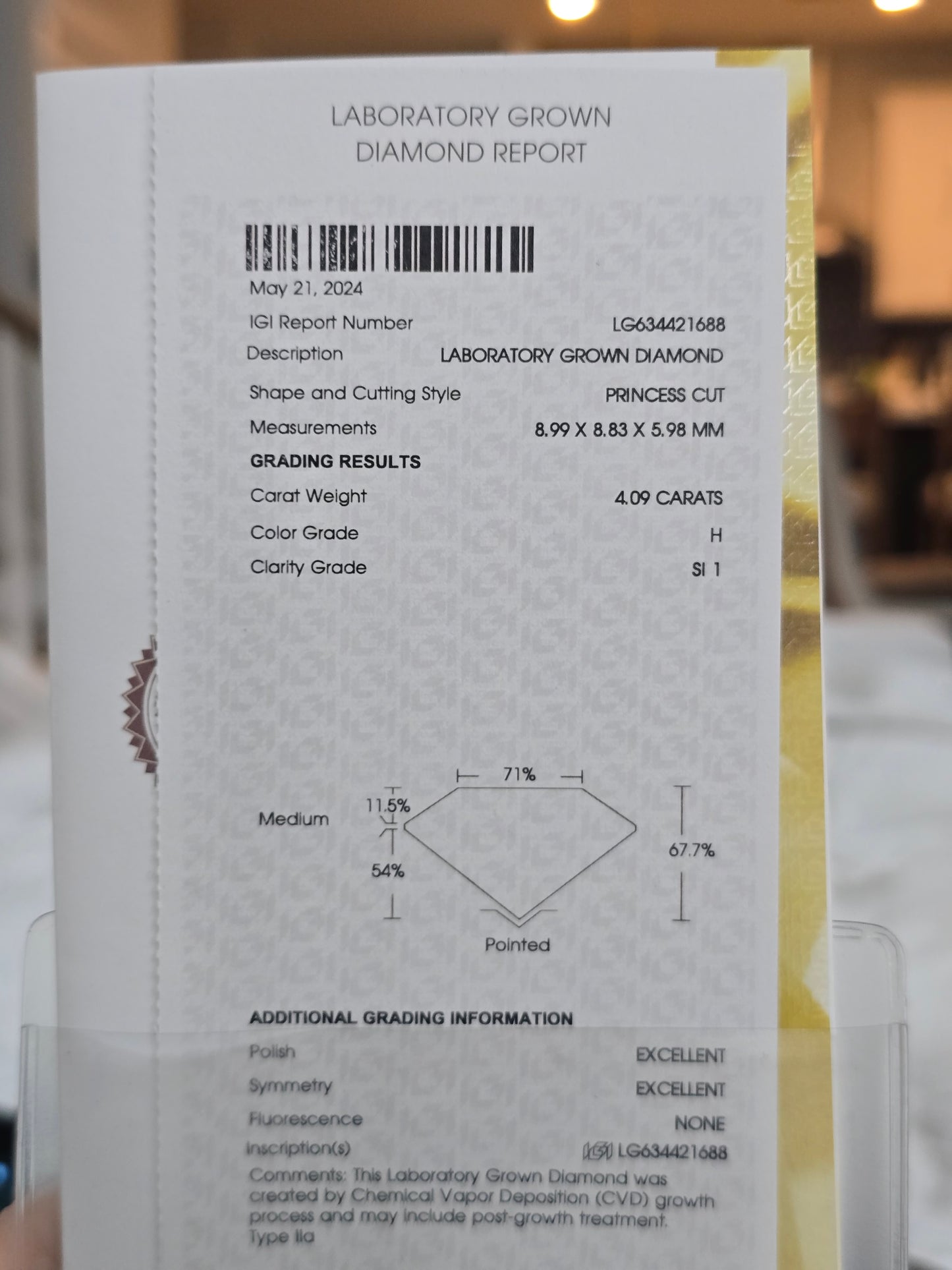 Loose 4.09 CT Princess Cut Lab Grown Diamond with IGI Report