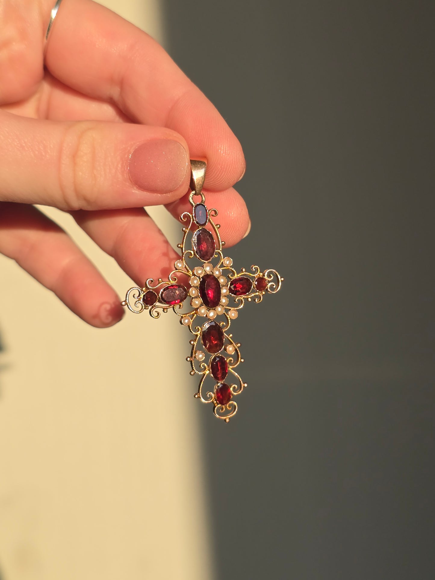 10K Garnet and Seed Pearl Cross Pendant