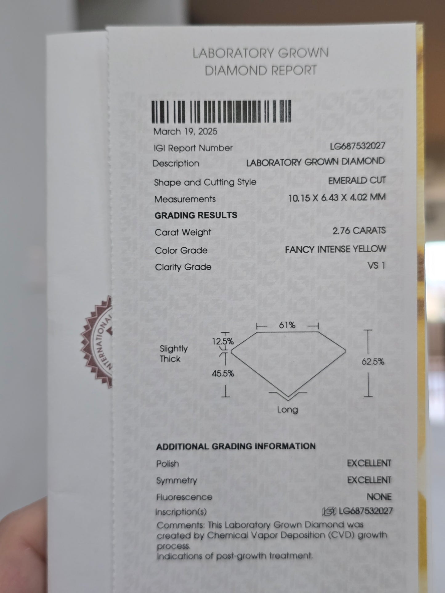 Loose 2.76 CT Lab Grown Fancy Yellow Diamond with IGI Report