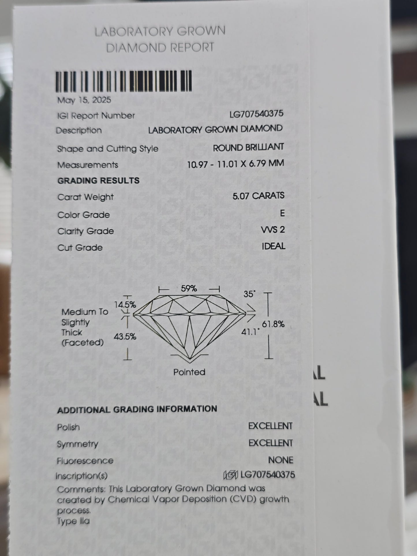 5.07ct Round Lab Diamond