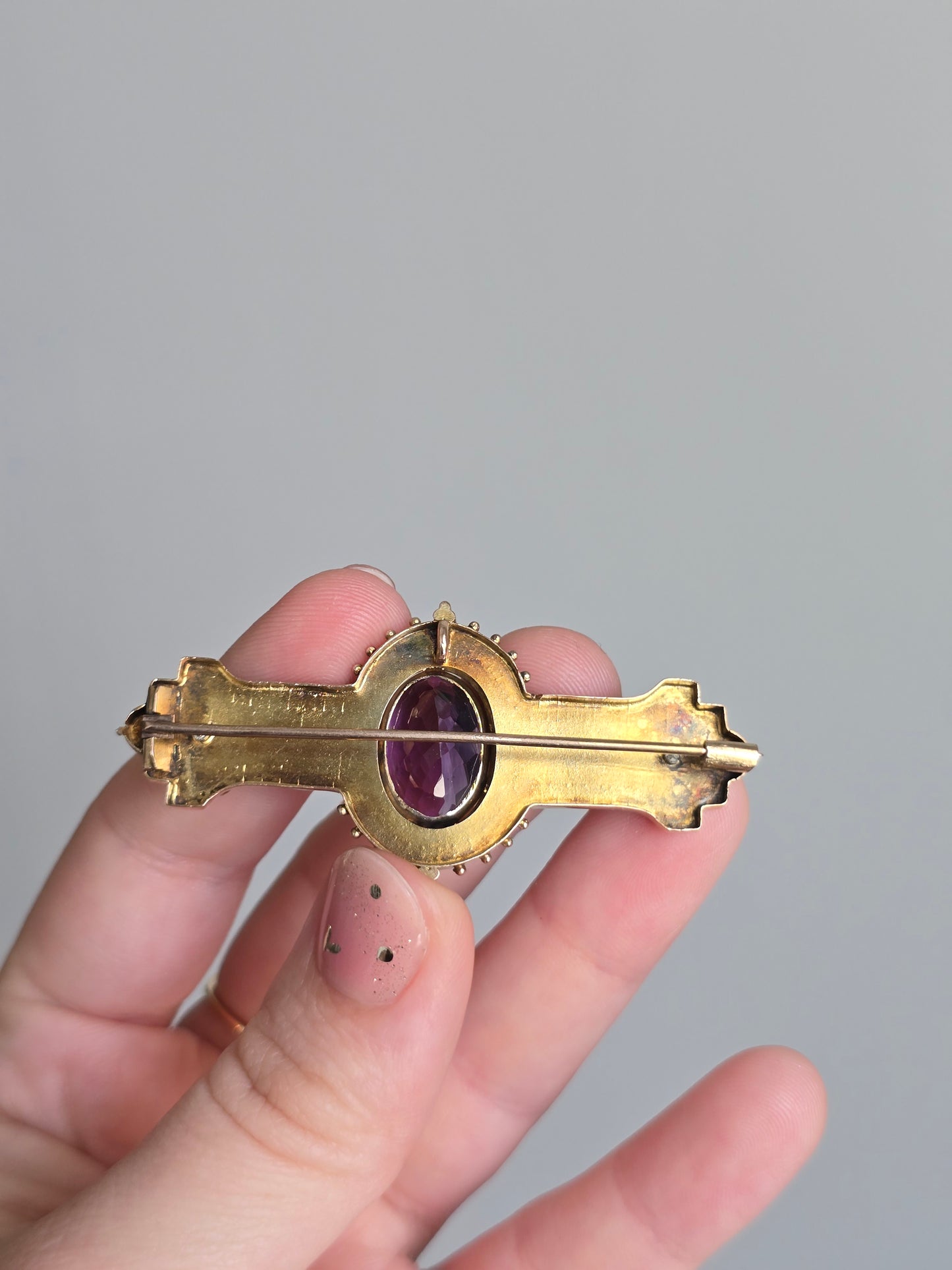 Victorian 10K Rose Gold 9.81 CT Amethyst Converter Brooch with Green Gold Accent
