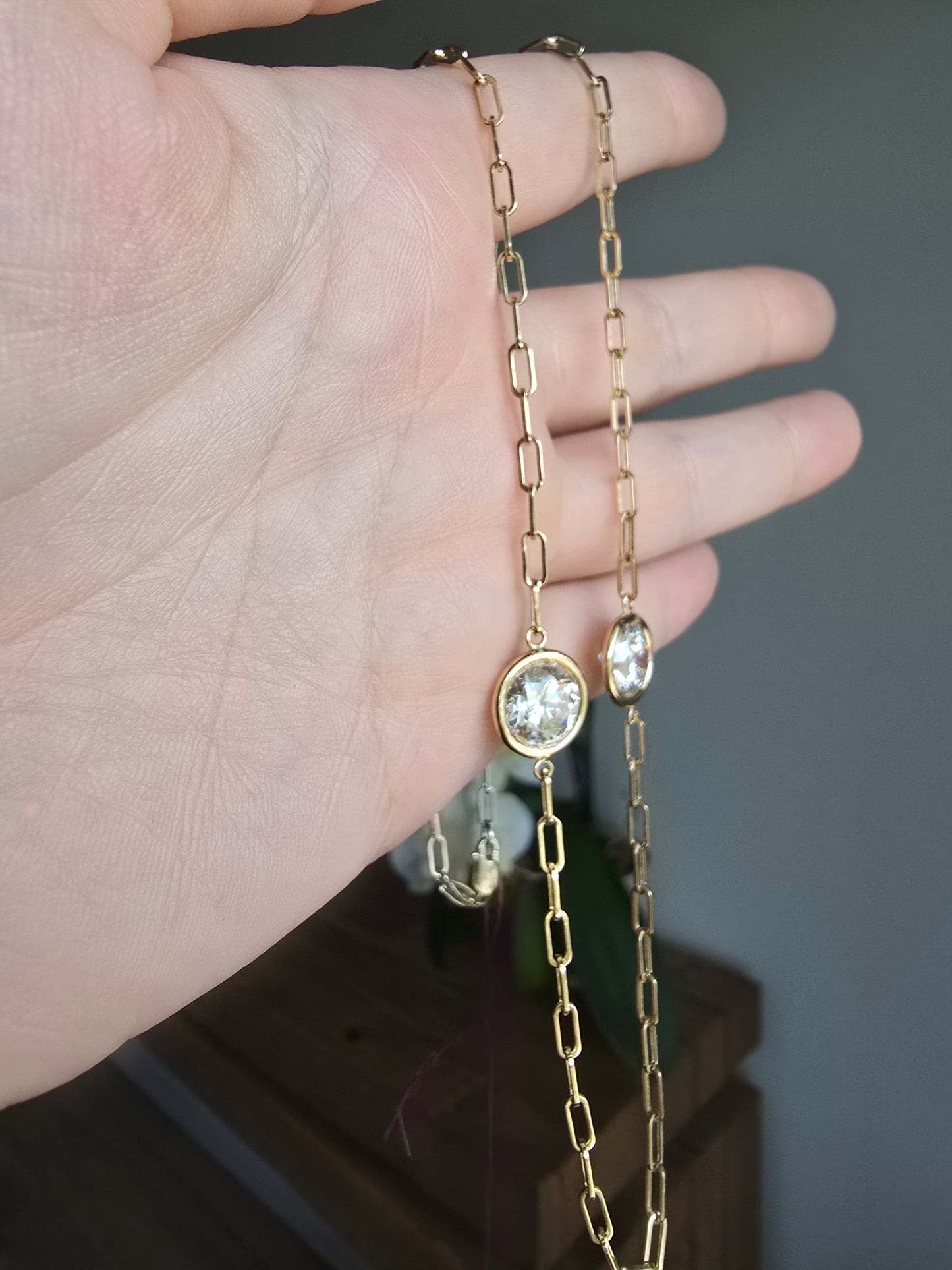 14K Yellow Gold Paper Clip Necklace with Lab Grown Diamond Stations