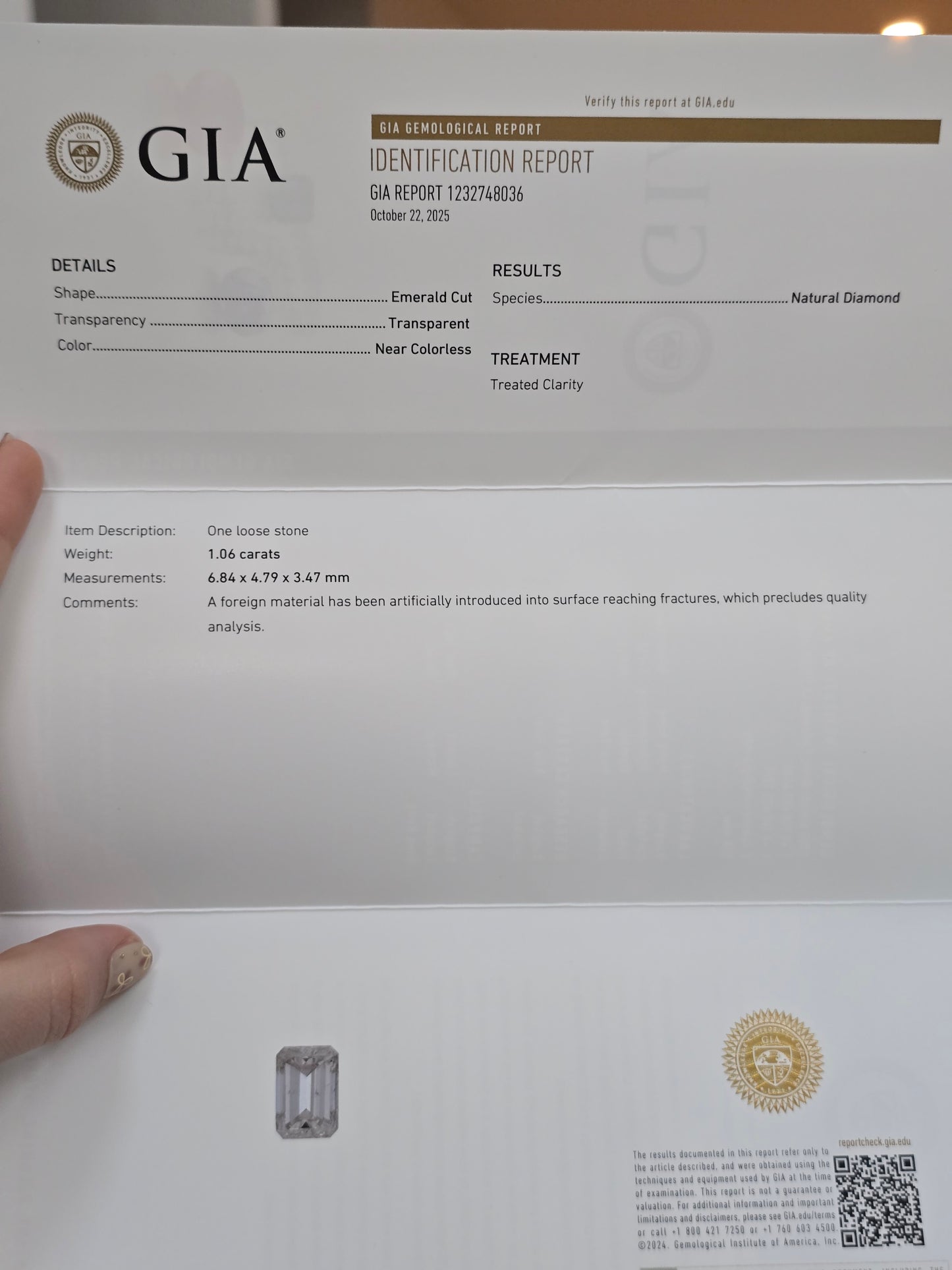 Loose 1.06 CT Natural Emerald Cut Diamond with GIA Report