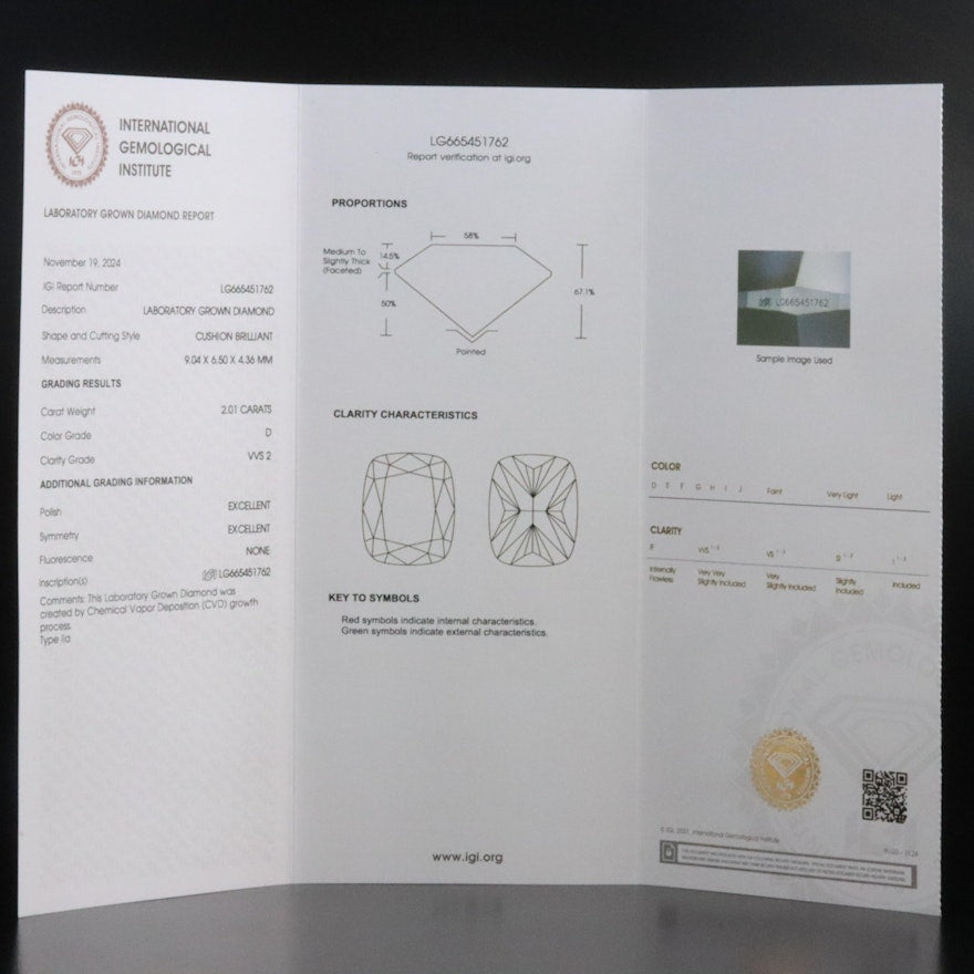 Loose 2.01 CT Cushion Lab Grown Diamond with IGI Report