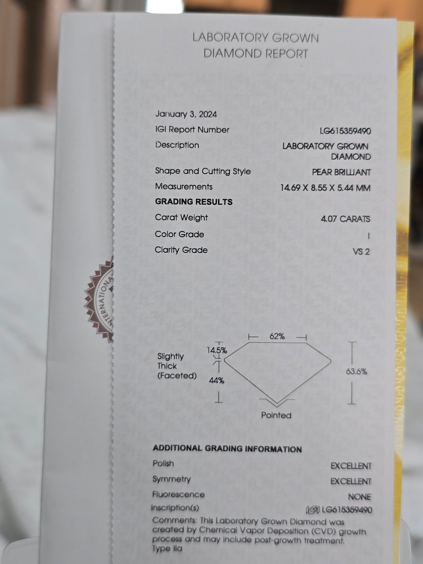 Loose 4.07 CT Pear Lab Grown Diamond with IGI Report