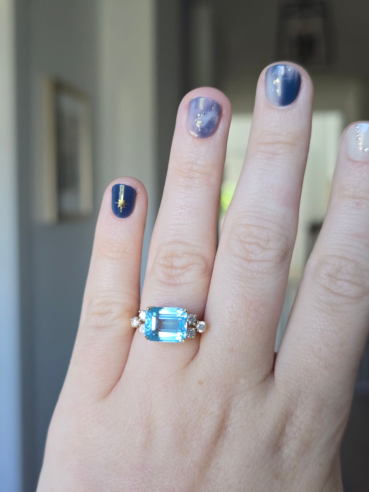 14k Yellow Gold Blue Topaz and Diamond Ring