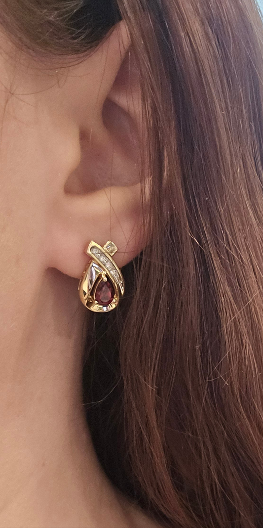 14K Yellow Gold Garnet and Diamond Earrings