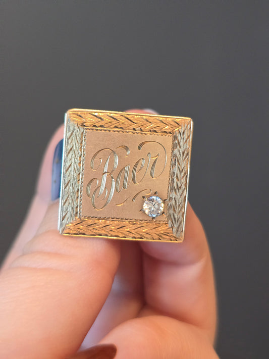 Antique Single 10K Yellow Gold White Sapphire Cufflink