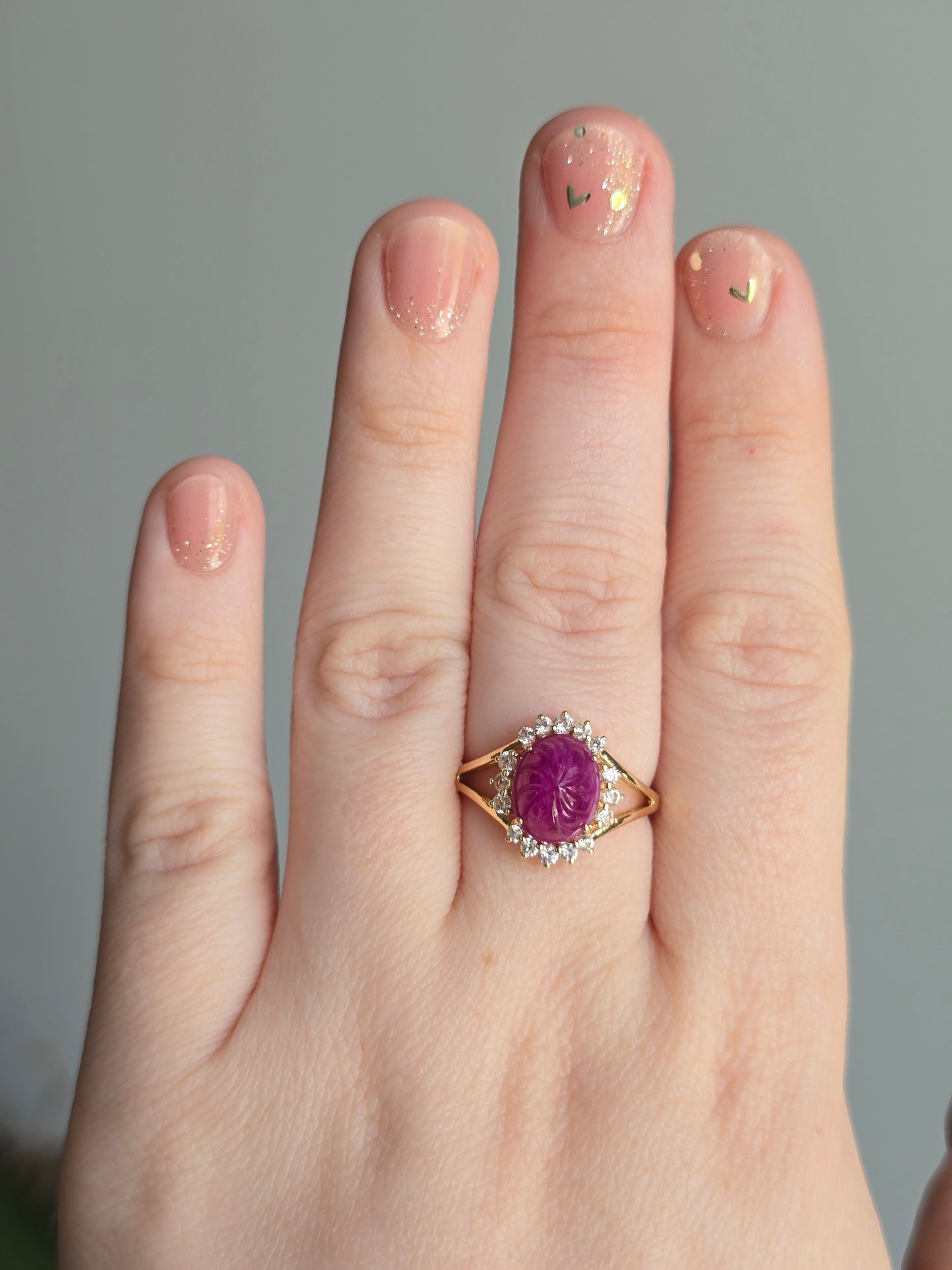 14K Yellow Gold Carved Ruby and White Sapphire Ring