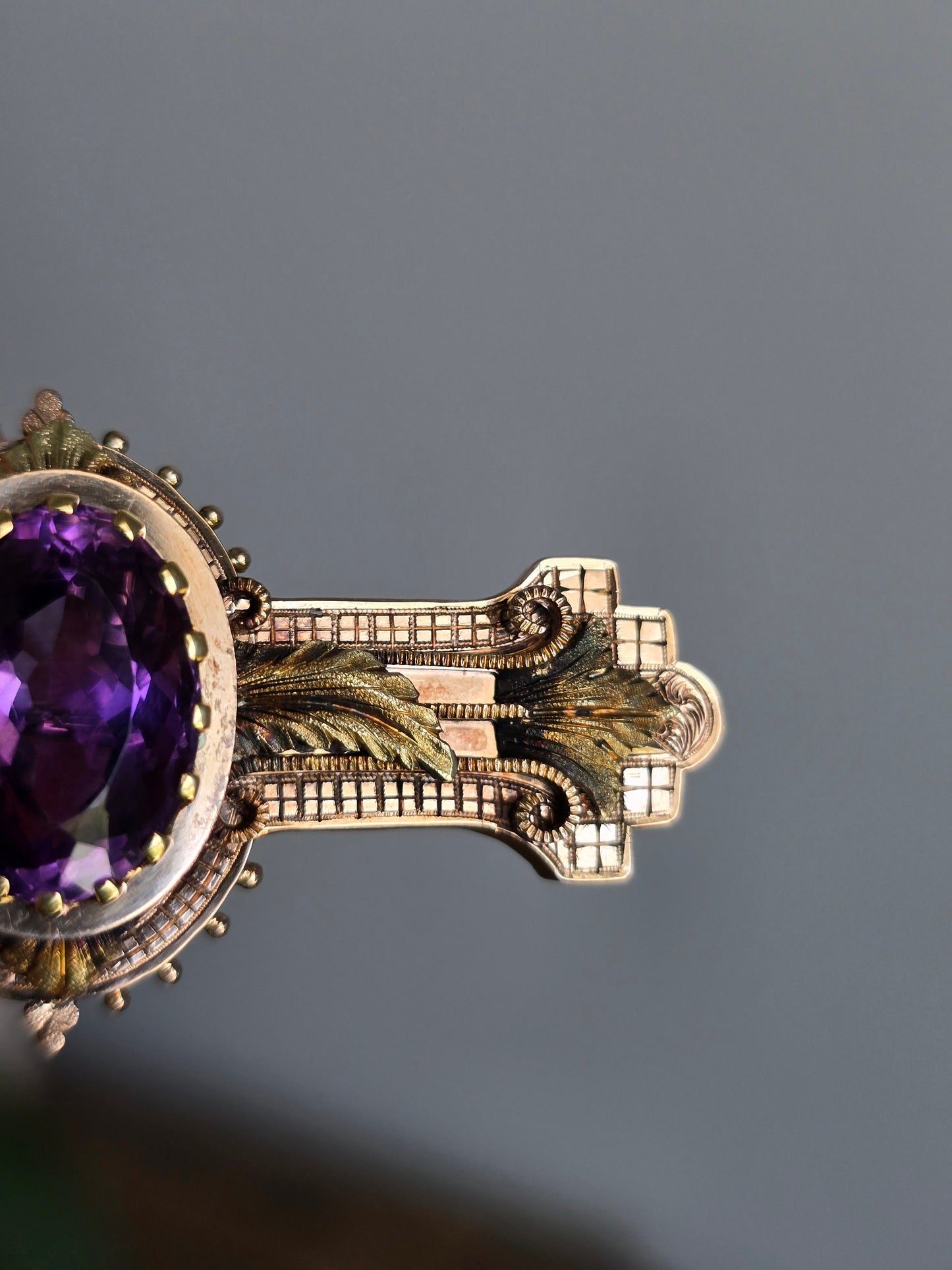 Victorian 10K Rose Gold 9.81 CT Amethyst Converter Brooch with Green Gold Accent