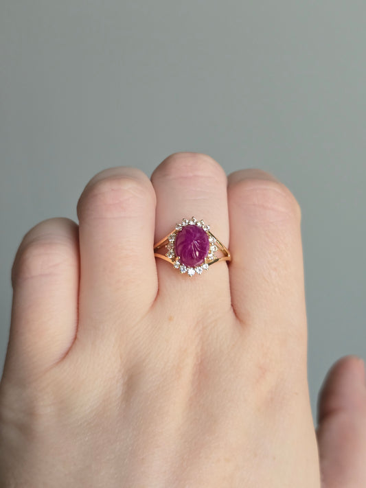 14K Yellow Gold Carved Ruby and White Sapphire Ring