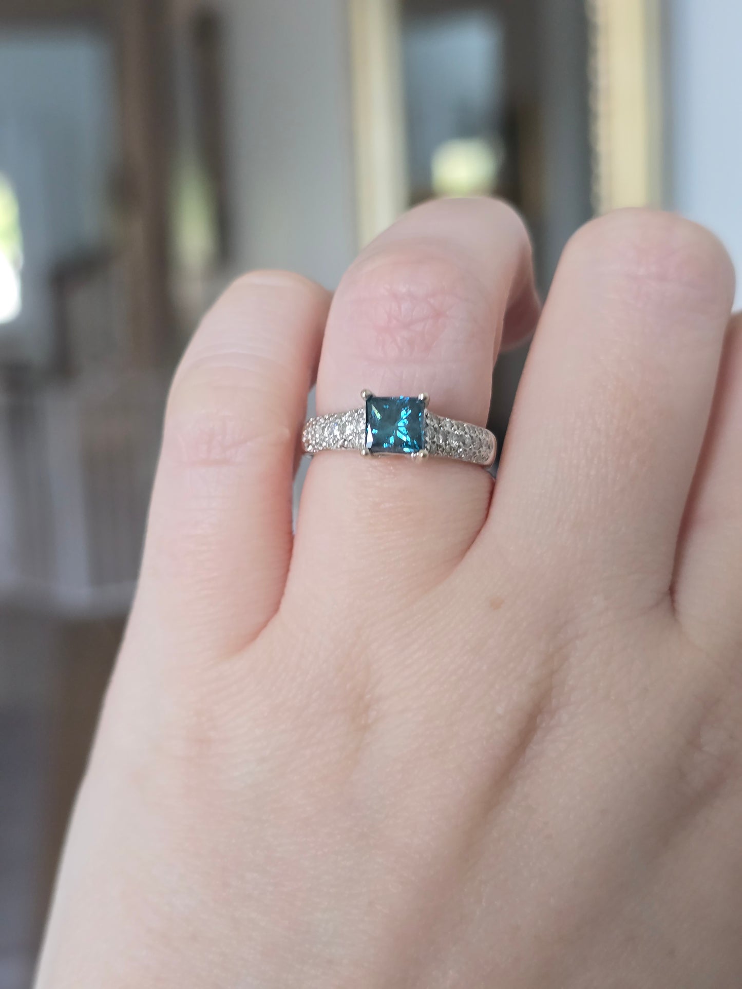 18k White Gold 1.27ct Diamond Ring with Lab Grown Blue Center