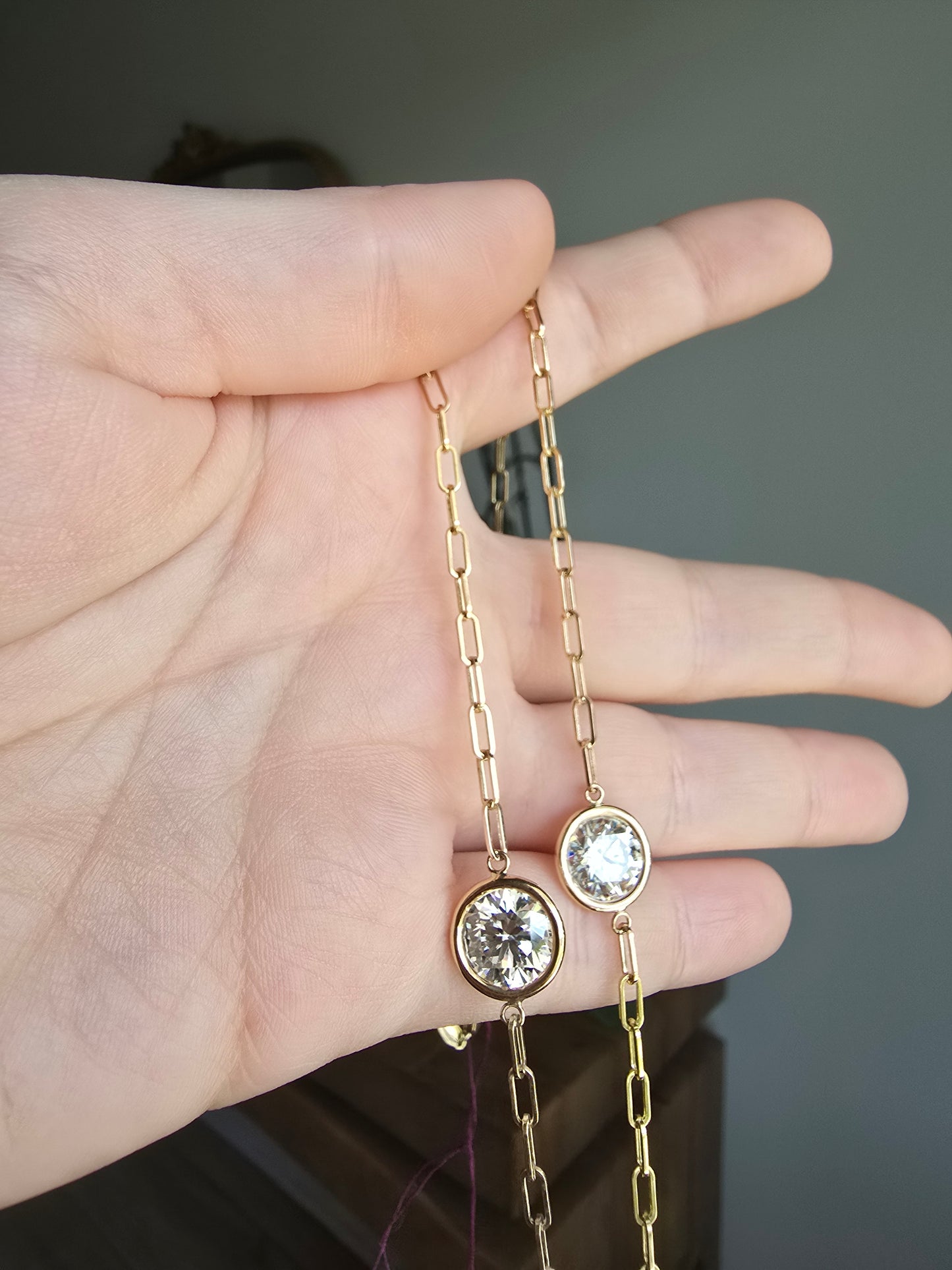 14K Yellow Gold Paper Clip Necklace with Lab Grown Diamond Stations