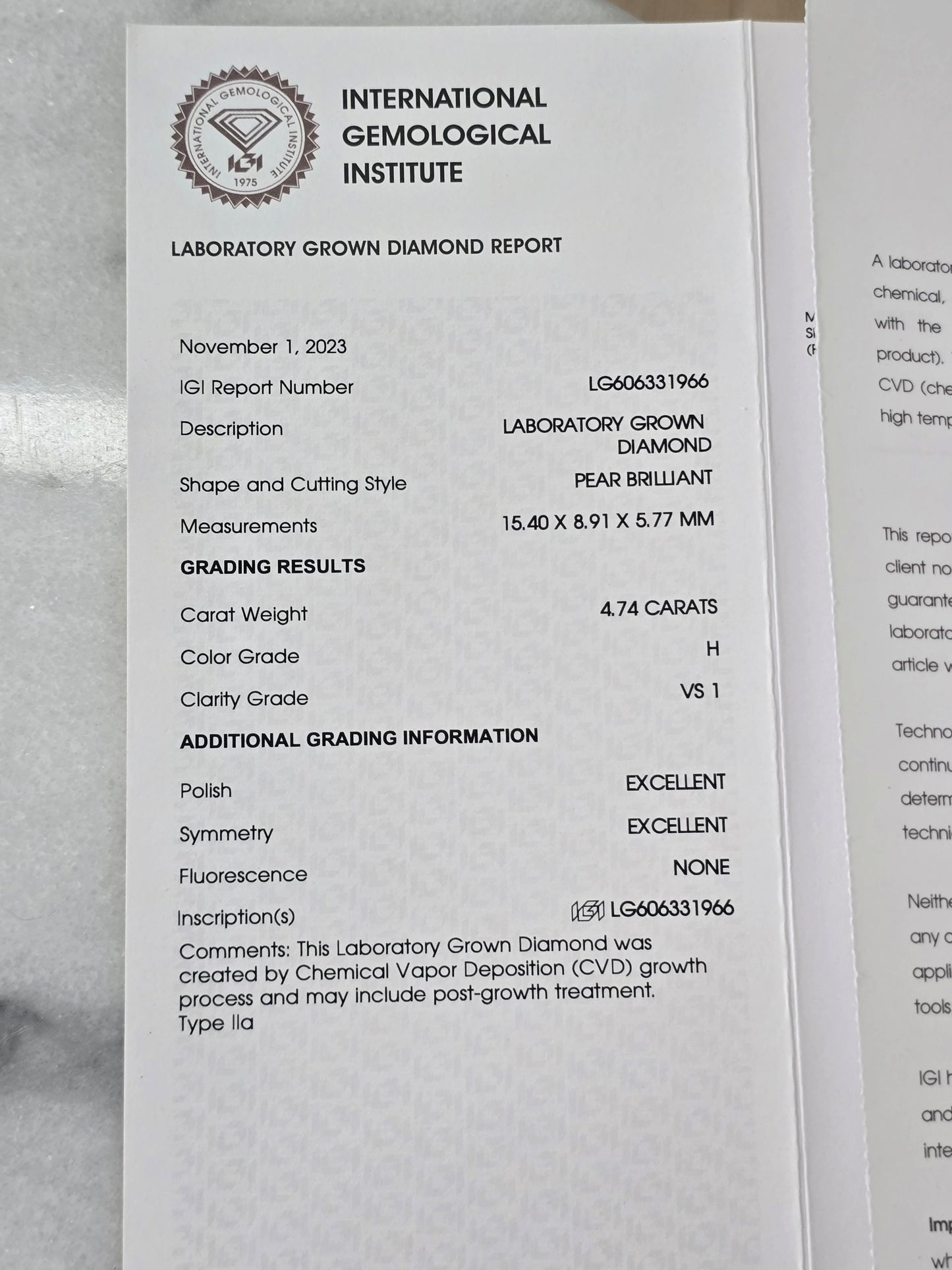 Loose 4.74ct Pear Lab Grown Diamond with IGI Report