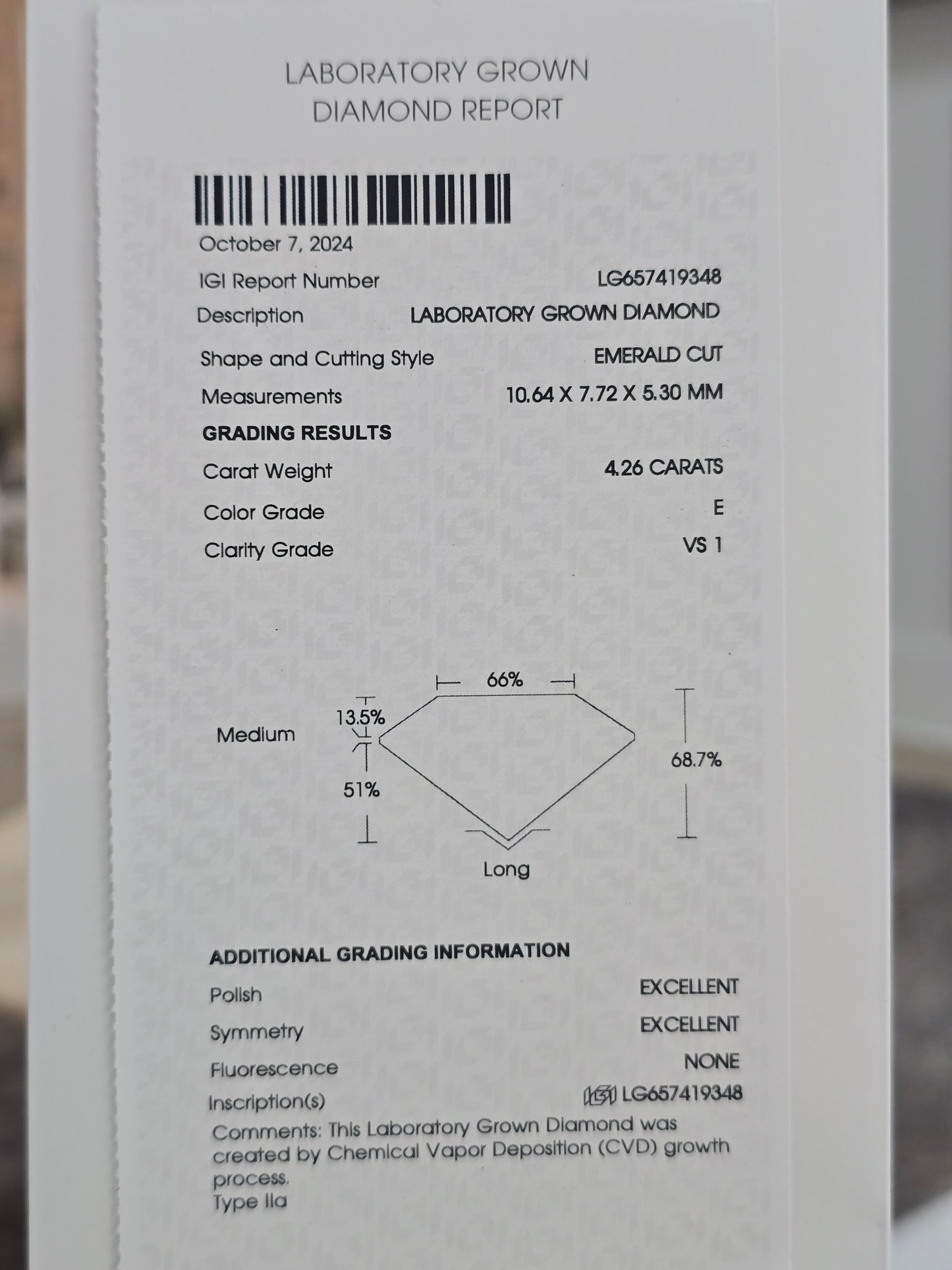 4.26ct Emerald Cut Lab Diamond