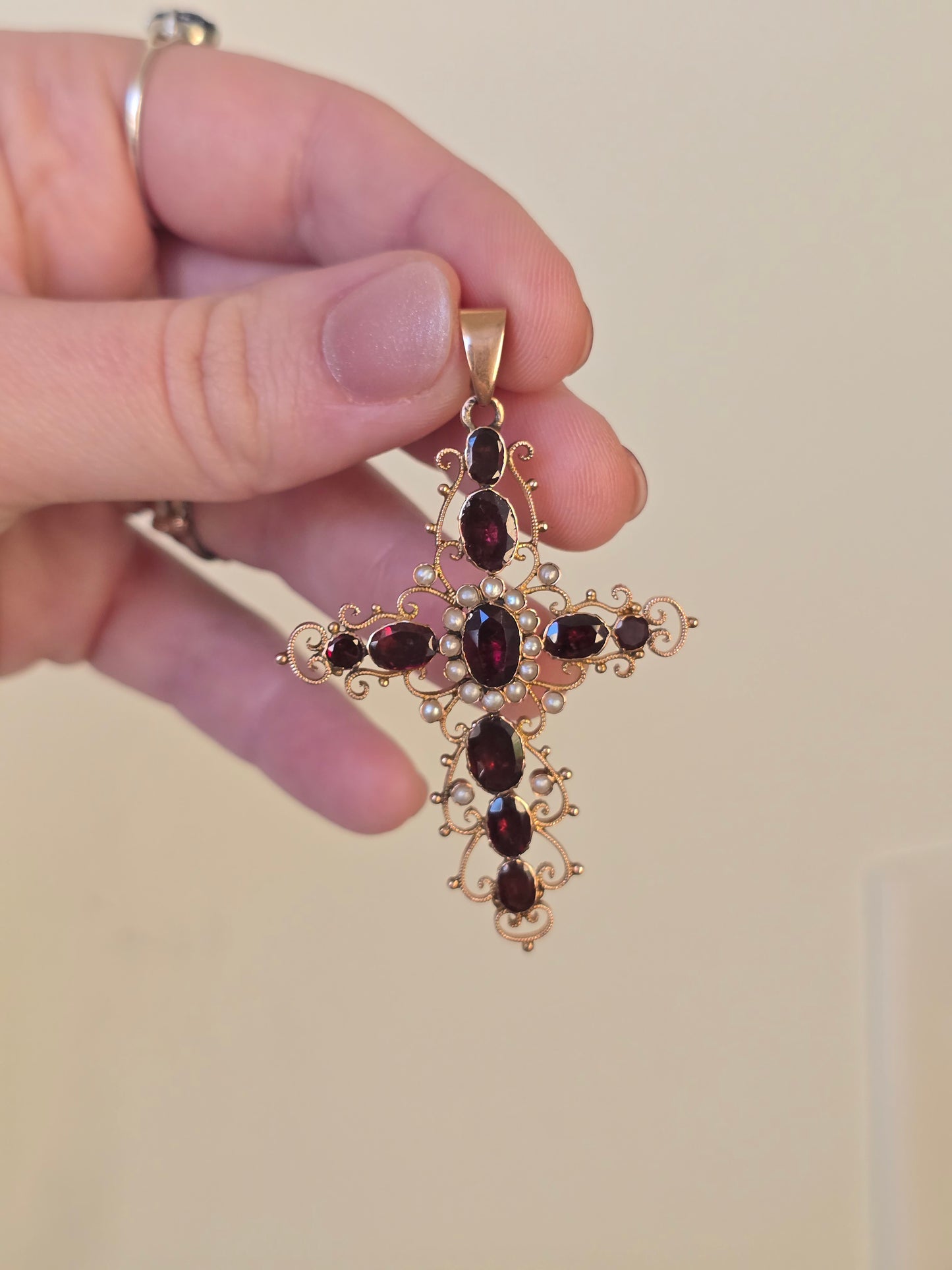 10K Garnet and Seed Pearl Cross Pendant