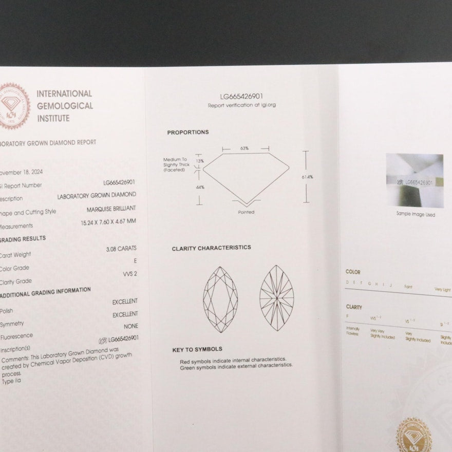 Loose 3.08 CT Marquise Lab Grown Diamond with IGI Report