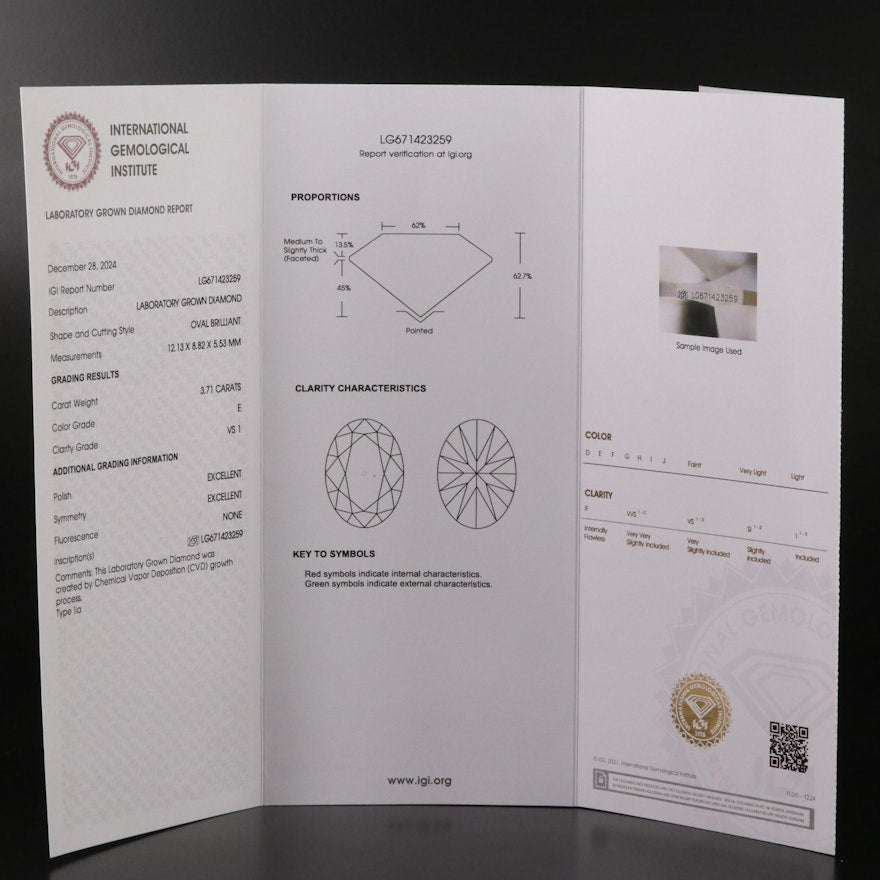 Loose 3.71 CT Oval Lab Grown Diamond with IGI Reports