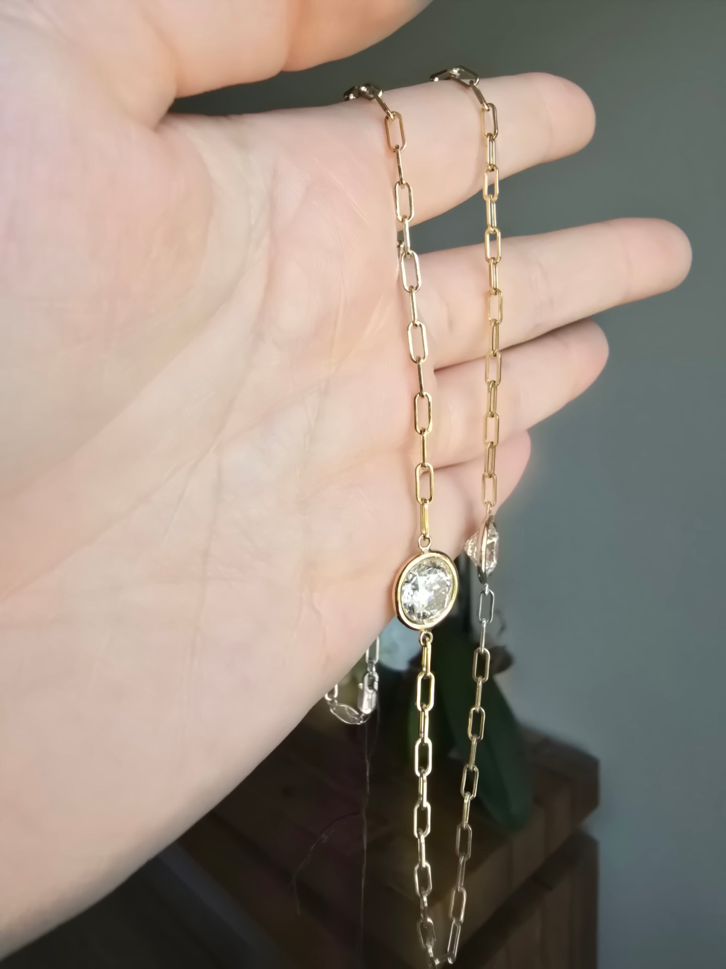 14K Yellow Gold Paper Clip Necklace with Lab Grown Diamond Stations