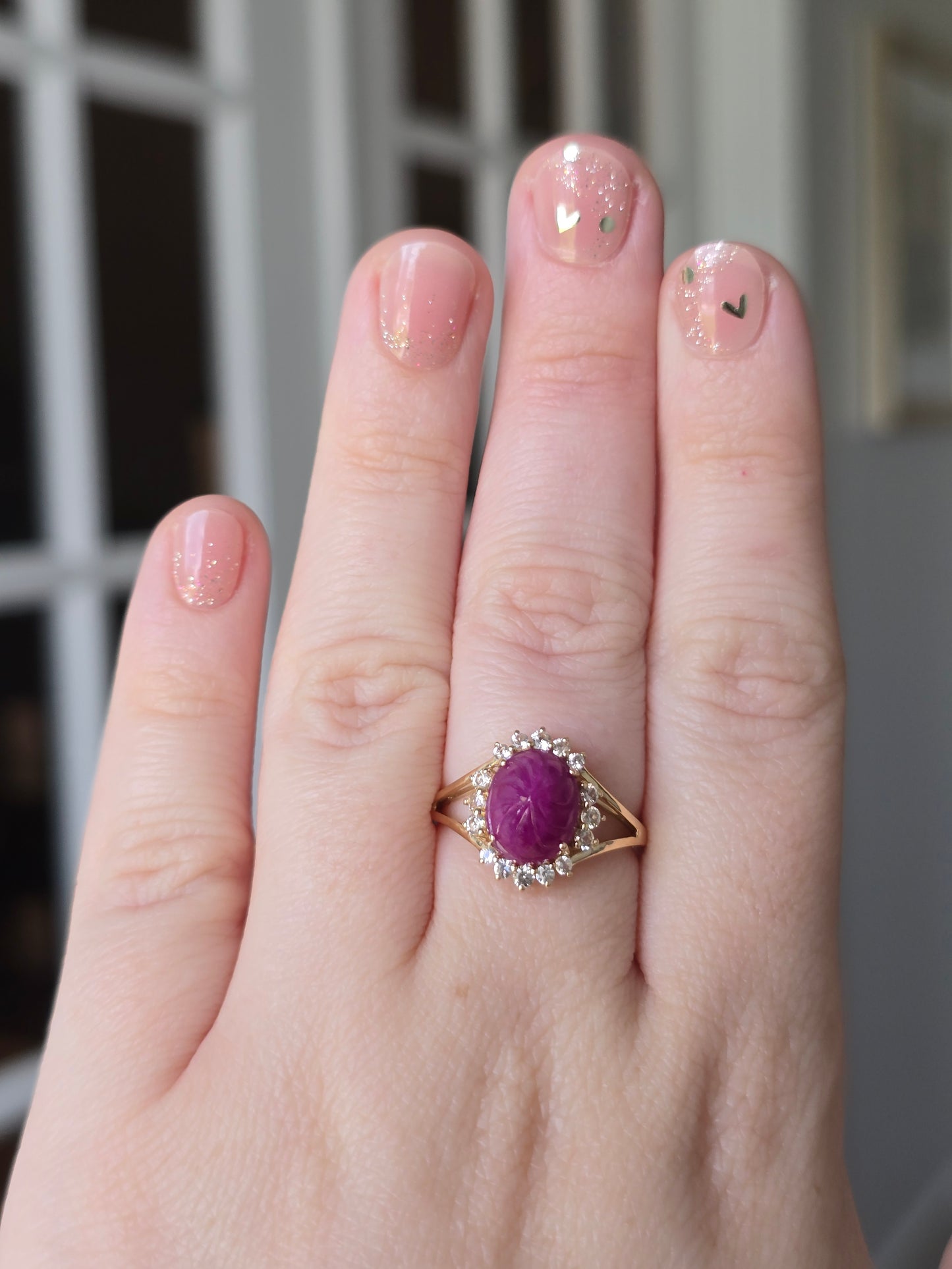 14K Yellow Gold Carved Ruby and White Sapphire Ring