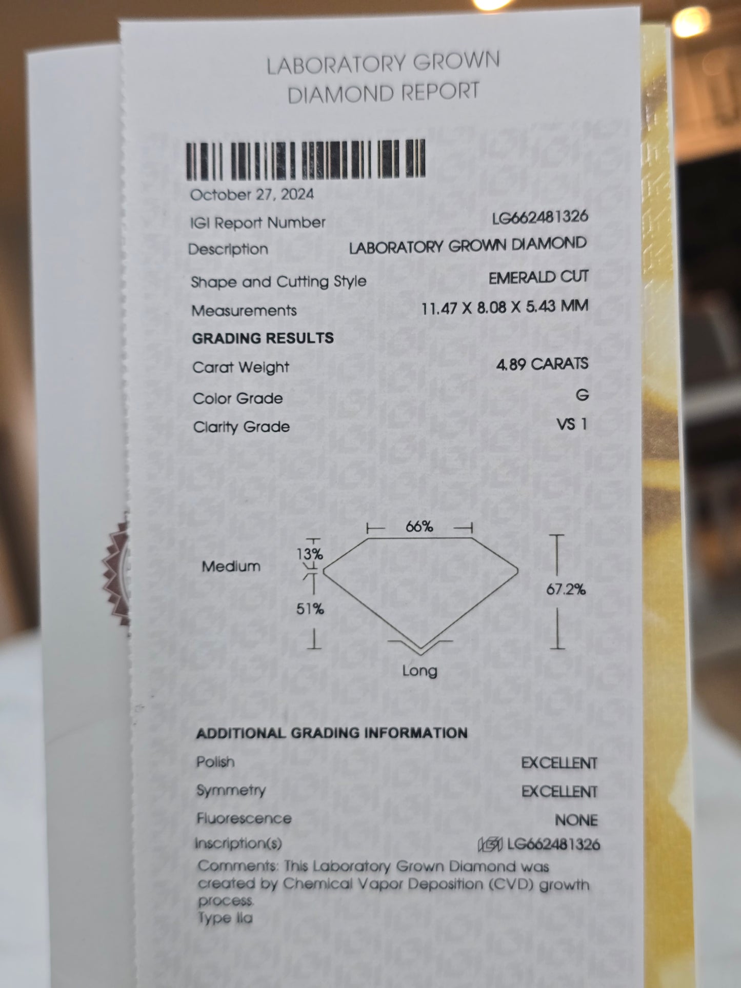 Loose 4.89 CT Emerald Cut Lab Grown Diamond with IGI Report