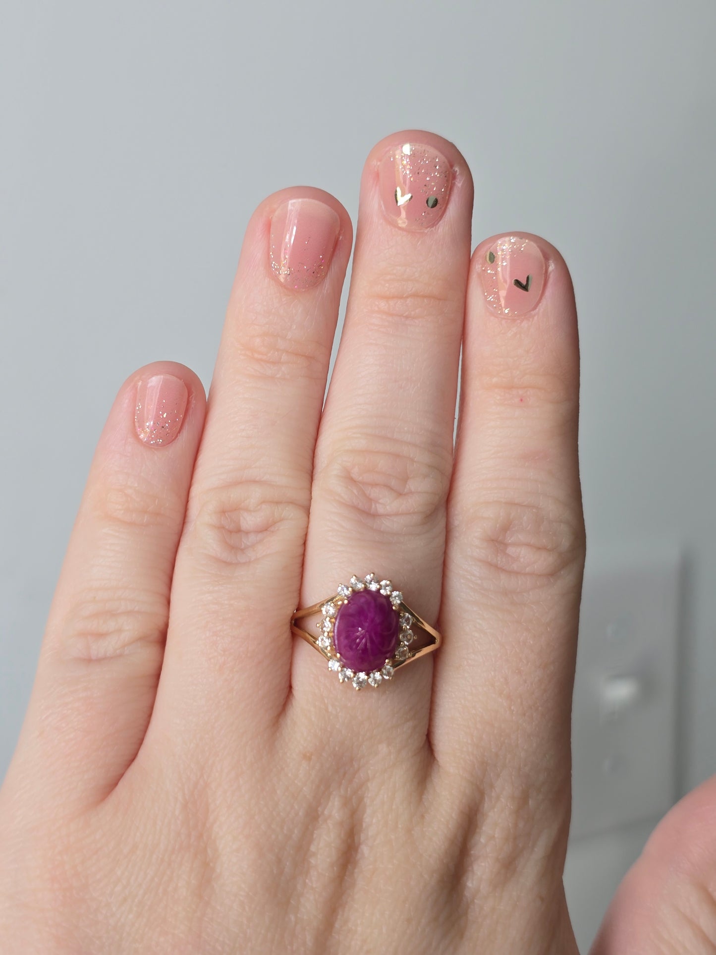 14K Yellow Gold Carved Ruby and White Sapphire Ring