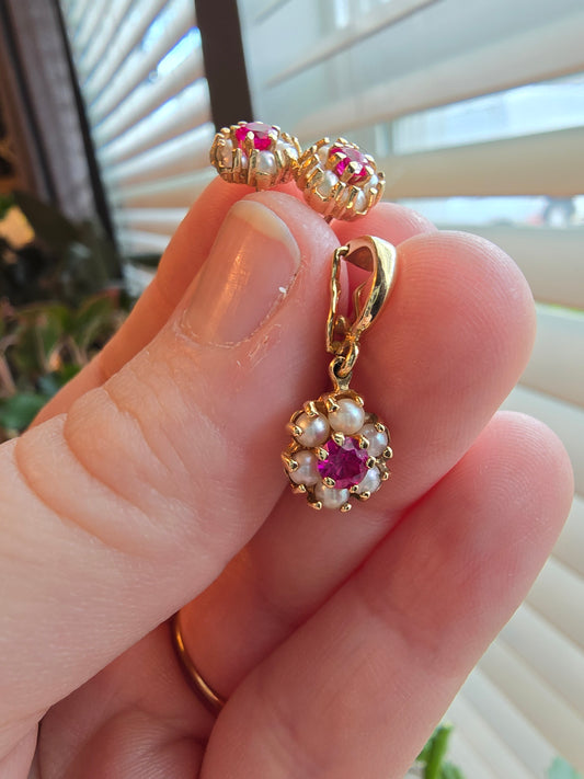 14K Gold Ruby and Pearl Enhancer Pendant and Earrings Set