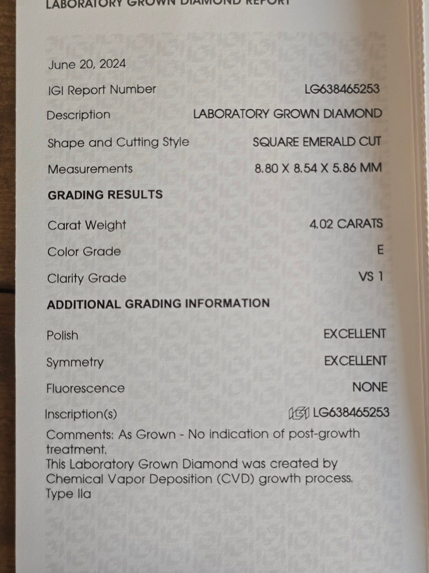 Loose 4.02 CT Square Emerald Cut Lab Grown Diamond with IGI Report
