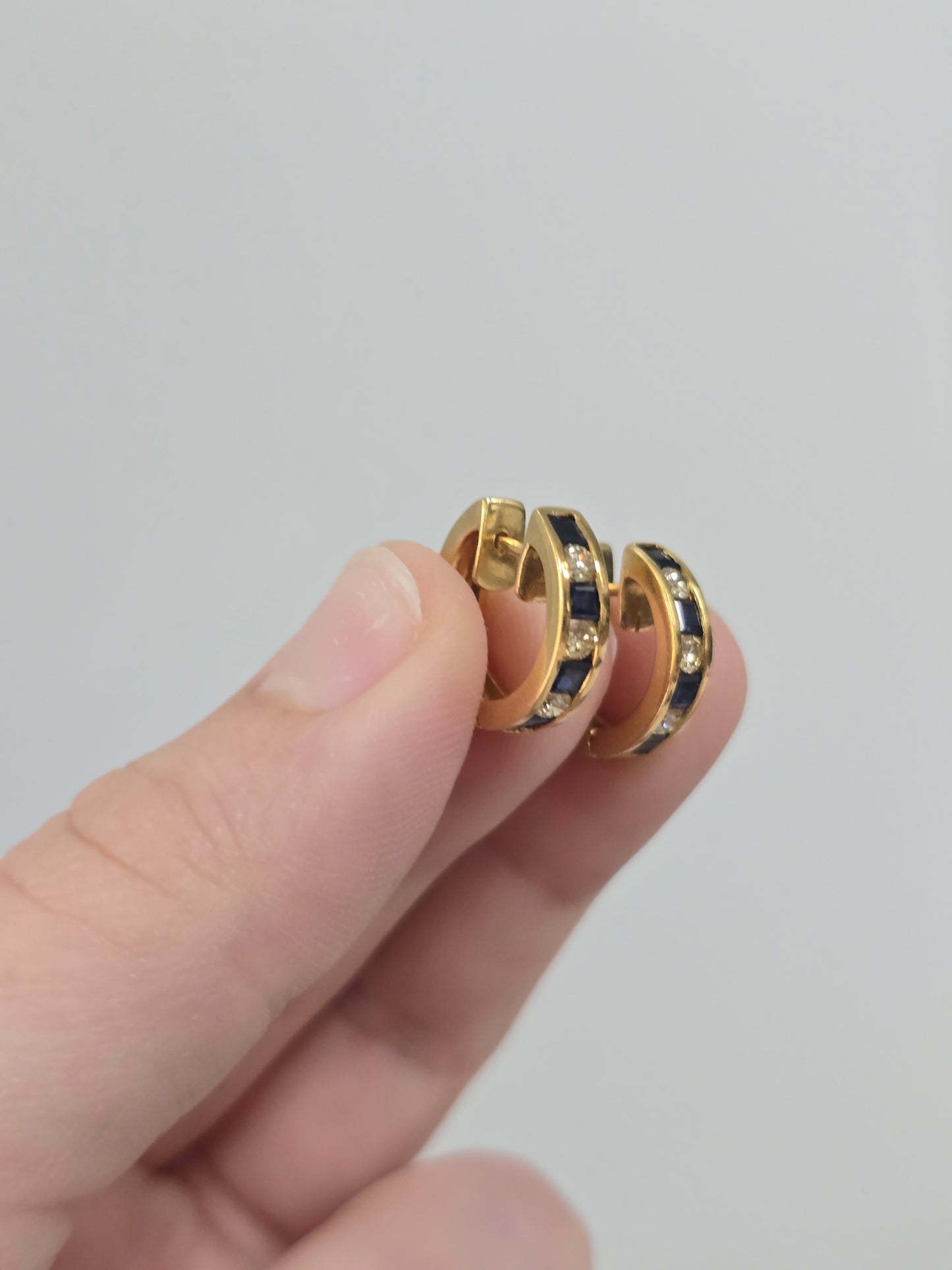 18K Yellow Gold Sapphire and Diamond Huggie Hoops