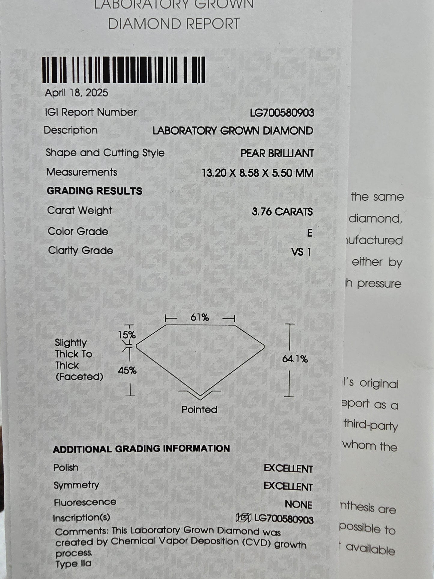 3.76ct Pear Lab Diamond