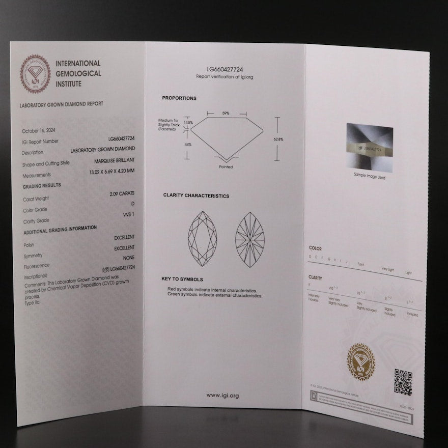 Loose 2.09 CT Marquise Lab Grown Diamond with IGI Report