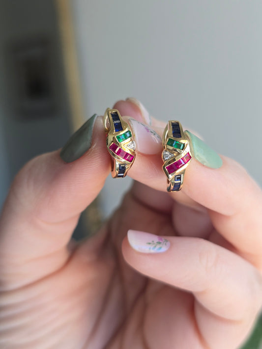18k Yellow Gold Ruby, Emerald, Sapphire and Diamond Hoop Earrings