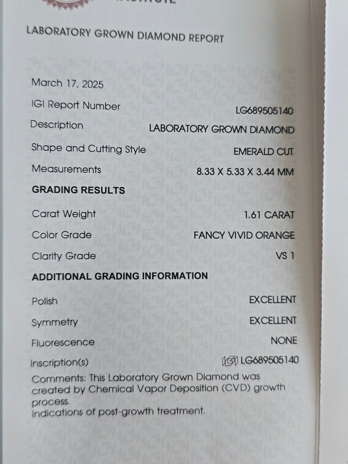 Loose 1.61 CT Lab Grown Fancy Orange Diamond with IGI Report