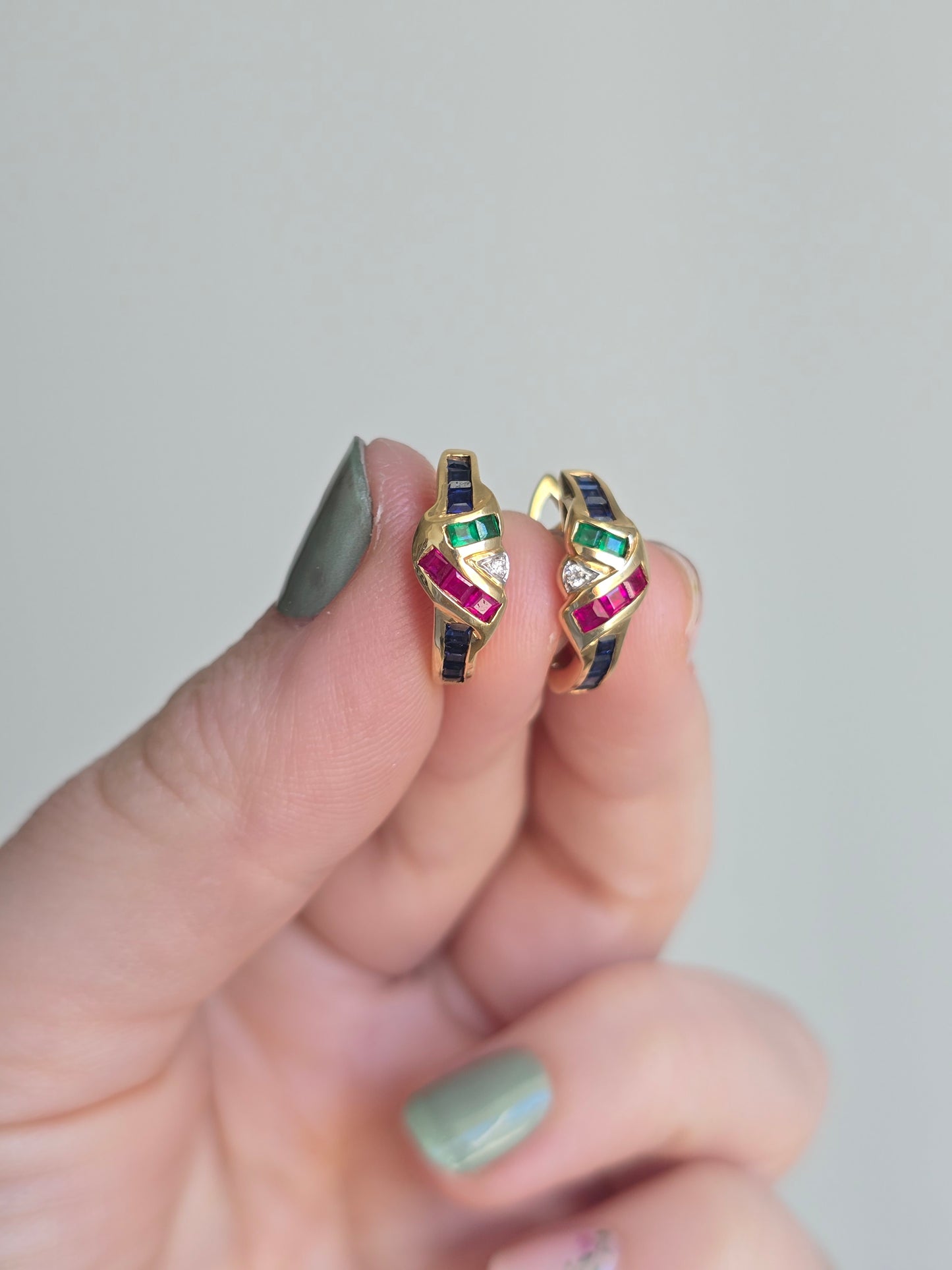 18k Yellow Gold Ruby, Emerald, Sapphire and Diamond Hoop Earrings