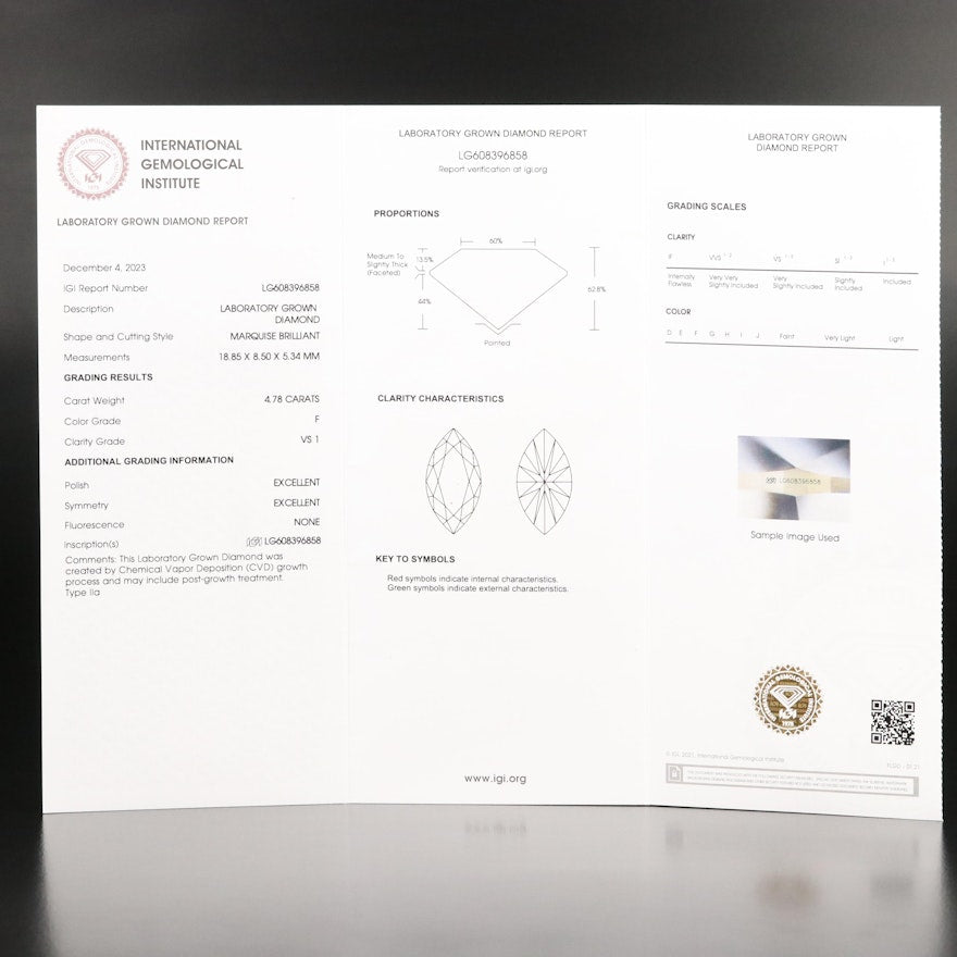 Loose 4.78 CT Marquise Lab Grown Diamond with IGI Report