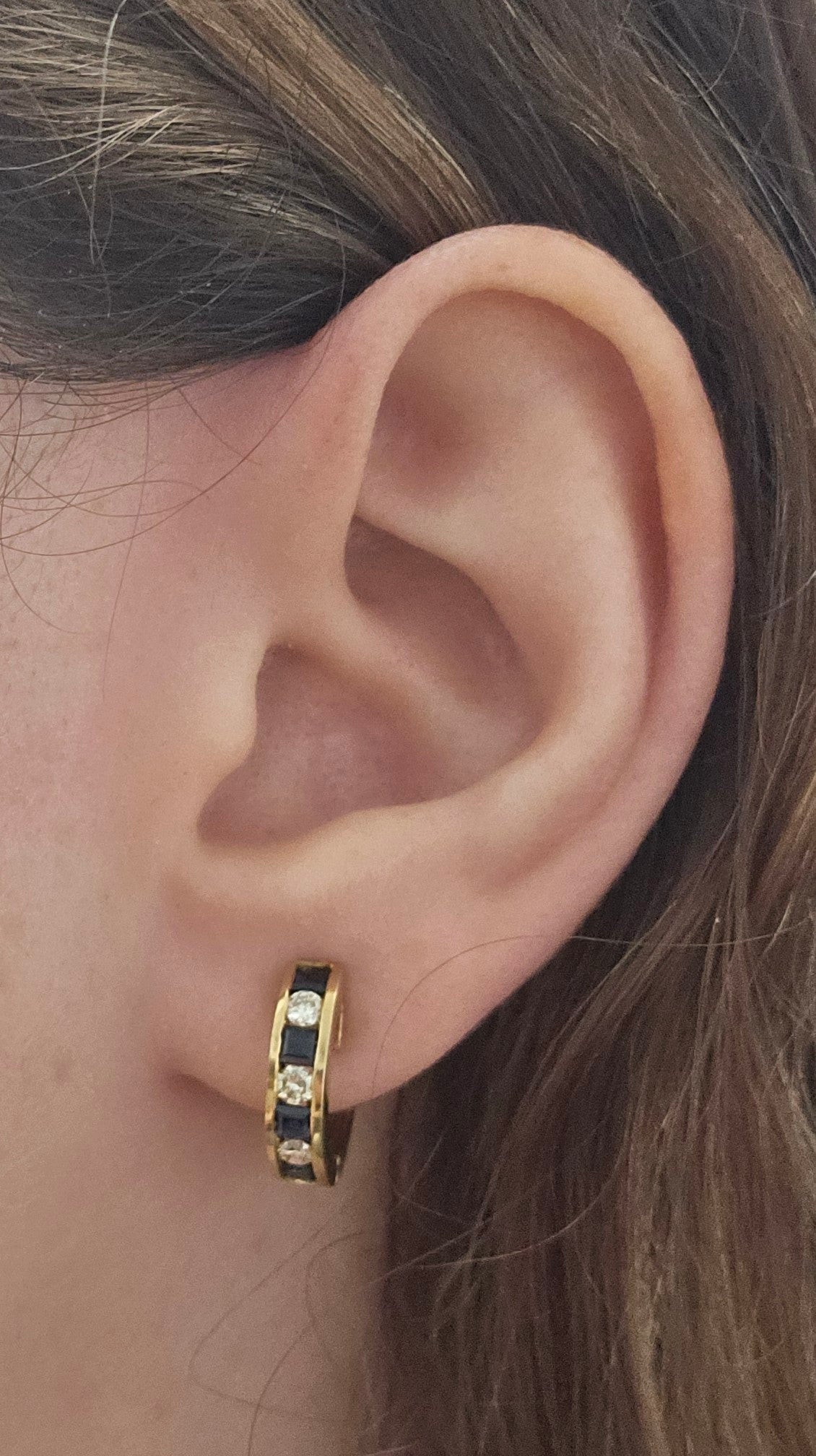18K Yellow Gold Sapphire and Diamond Huggie Hoops