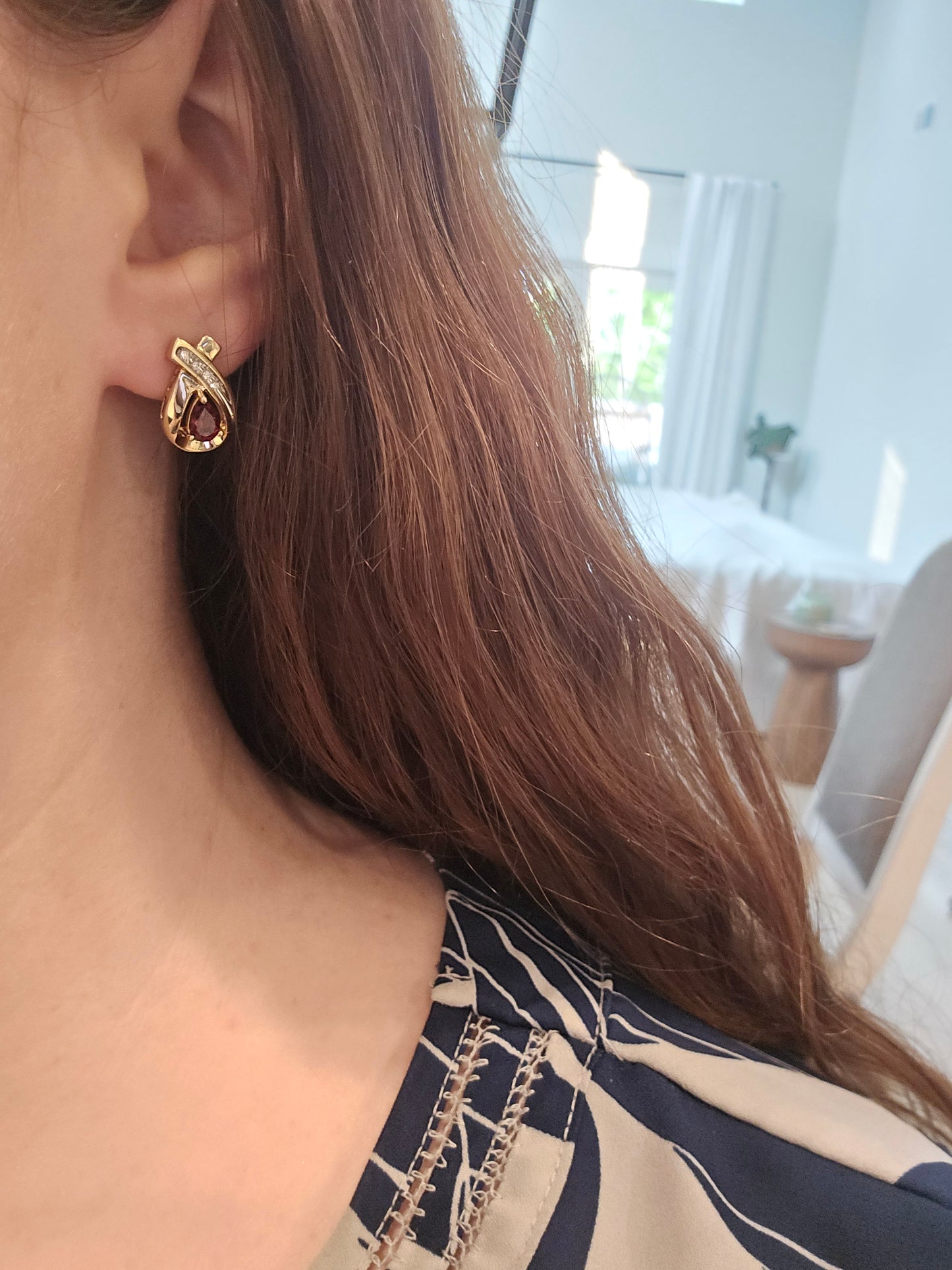 14K Yellow Gold Garnet and Diamond Earrings