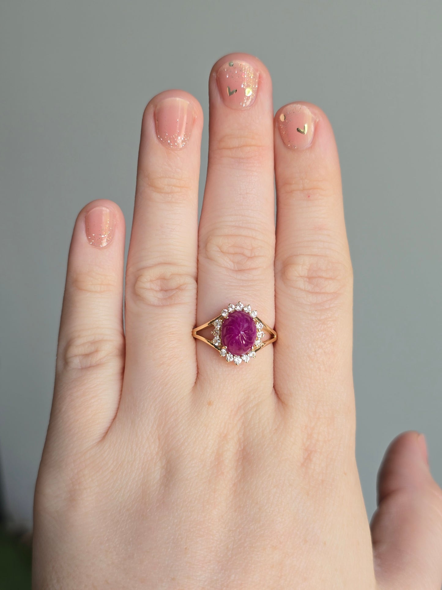 14K Yellow Gold Carved Ruby and White Sapphire Ring