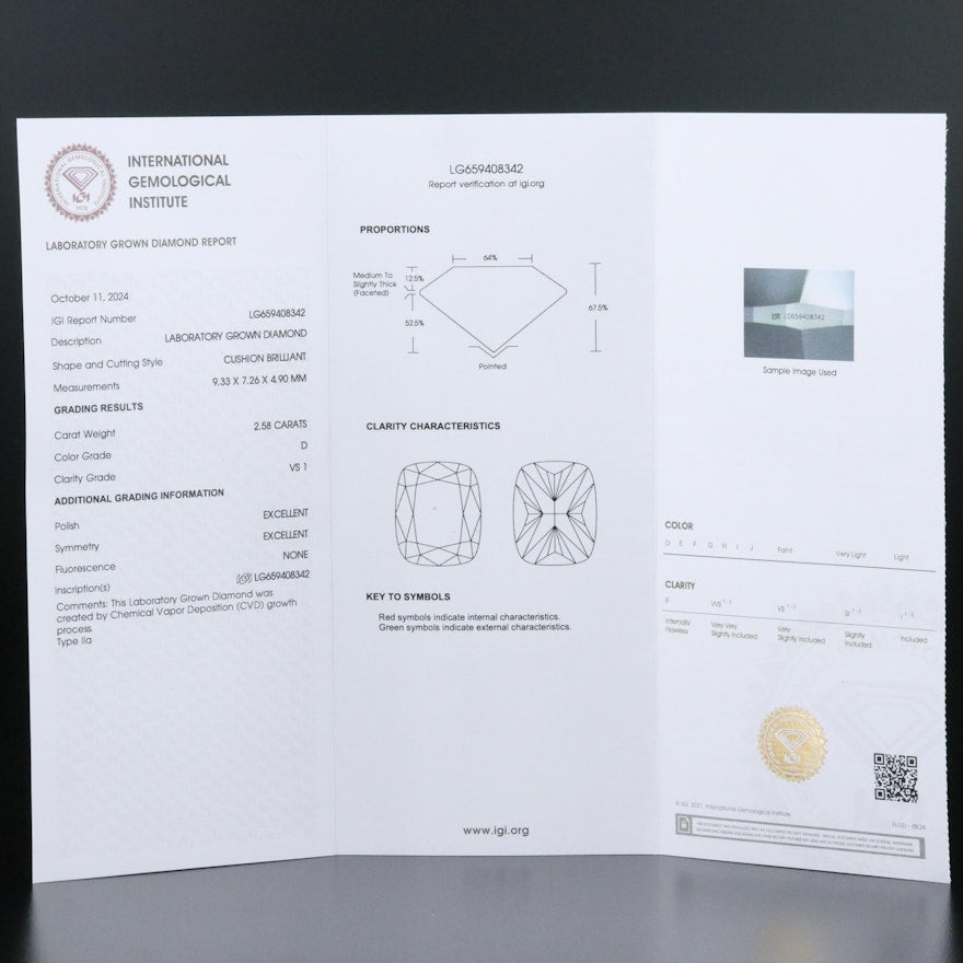 Loose 2.58 CT Cushion Lab Grown Diamond with IGI Report