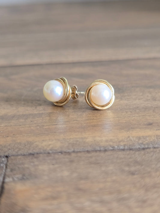 14K Yellow Gold Pearl Knot Earrings