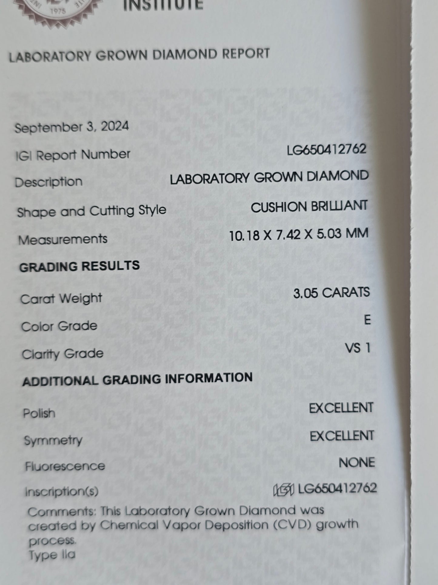 Loose 3.05 CT Lab Grown Diamond with IGI Report