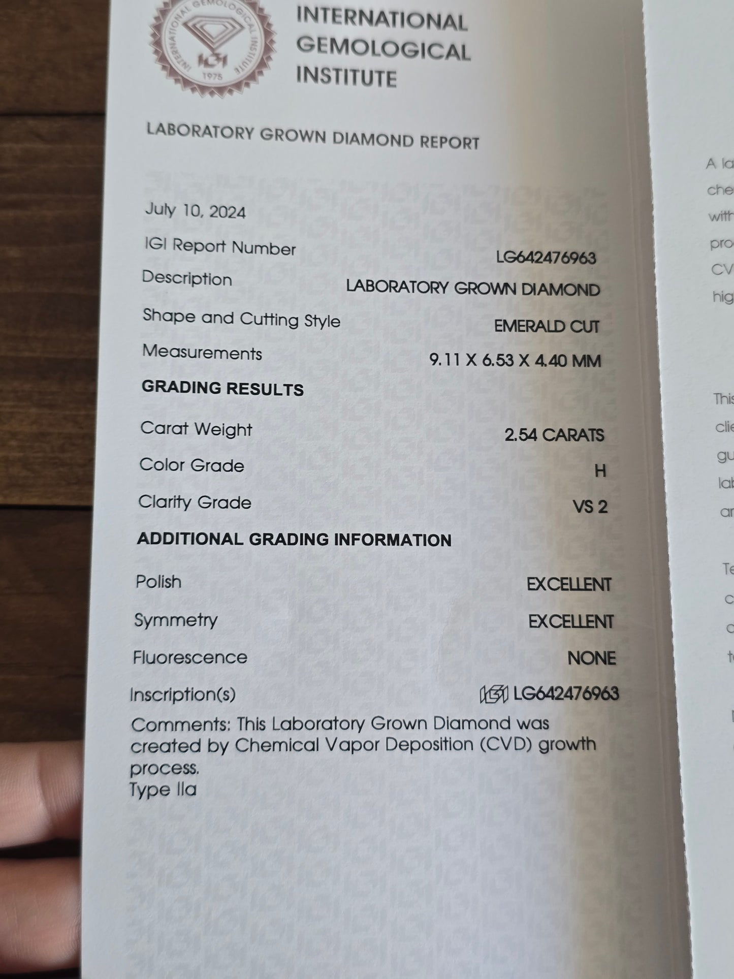 2.54ct Emerald Cut Lab Grown Diamond with IGI Report