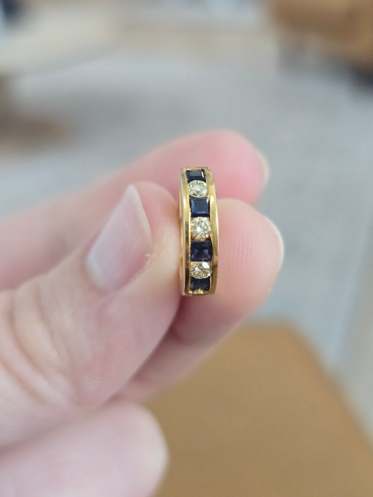 18K Yellow Gold Sapphire and Diamond Huggie Hoops