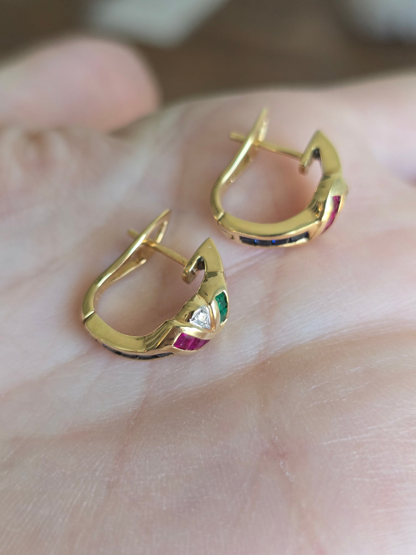 18k Yellow Gold Ruby, Emerald, Sapphire and Diamond Hoop Earrings
