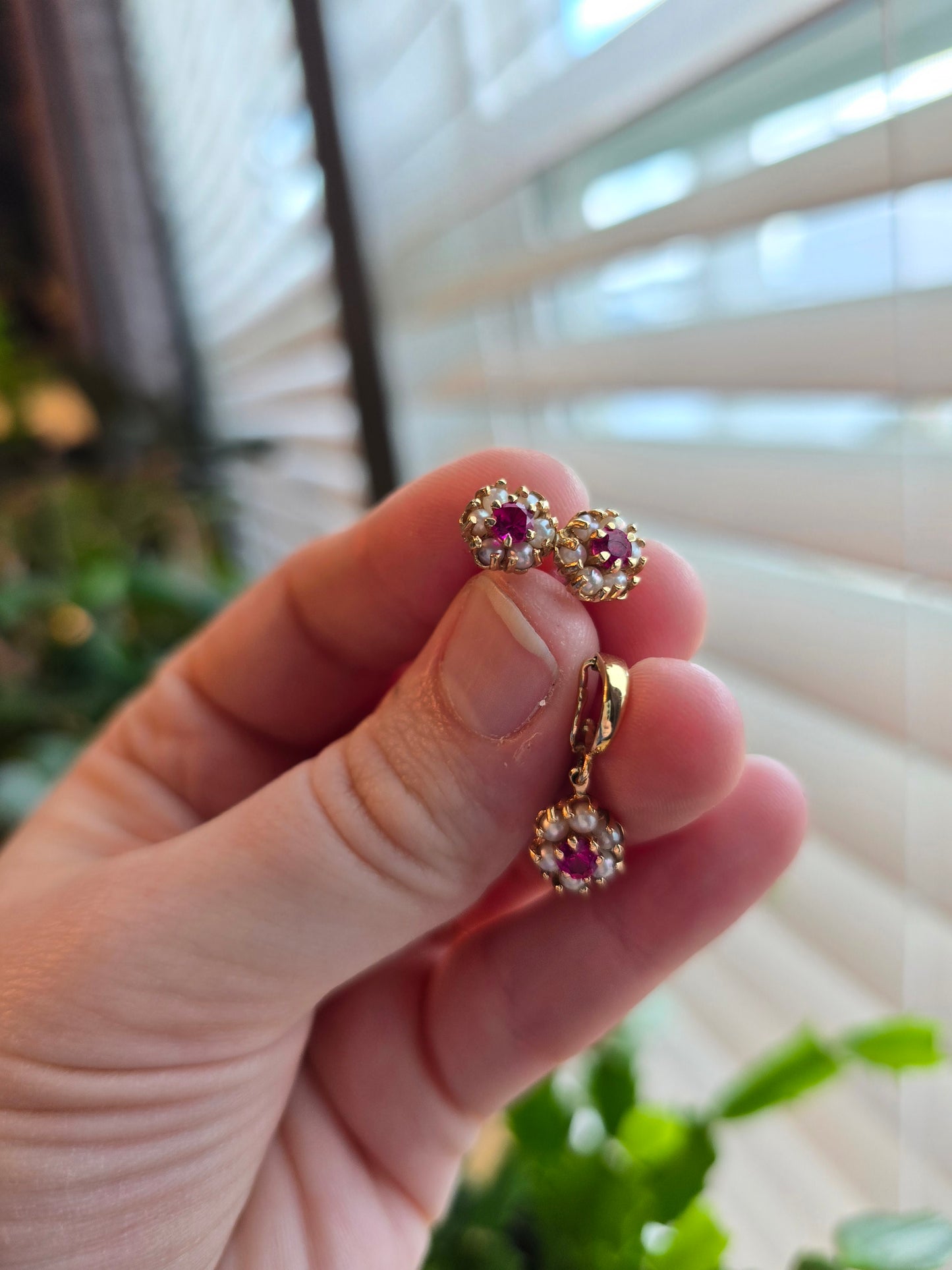 14K Gold Ruby and Pearl Enhancer Pendant and Earrings Set